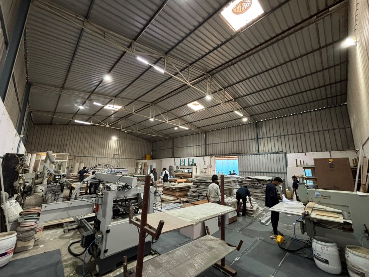 Our Sarjapura production shed with panel saw, edgebander and boring machines